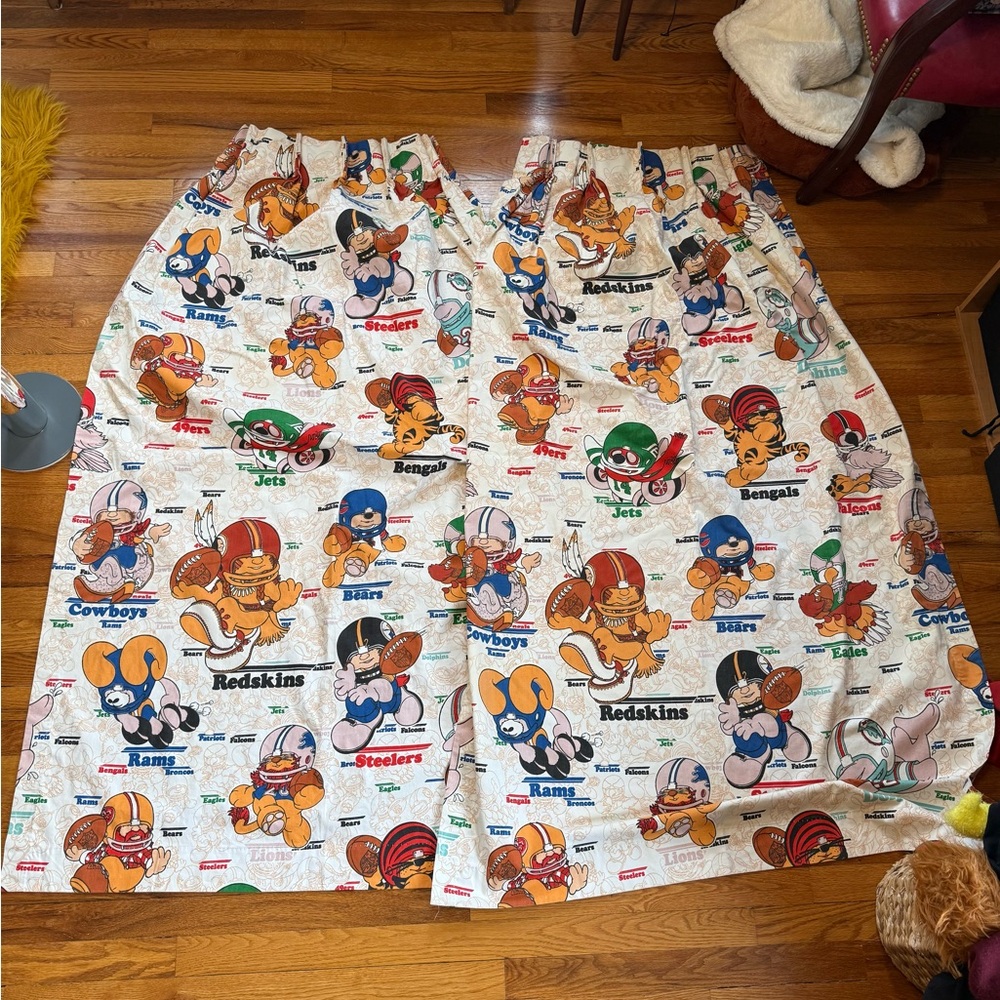 Vintage 70s NFL Football Team Curtains, Two Panels, Home Decor, 39x53 roughly